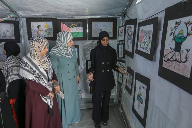 Middle East conflict, Gaza: Children display artwork on war, displacement and hope in Khan Yunis