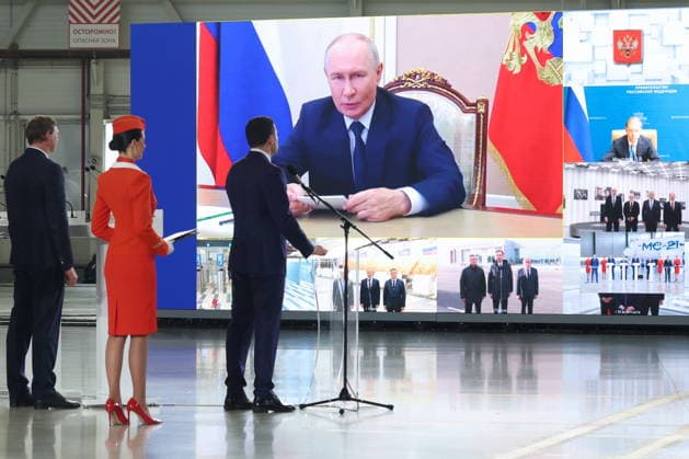 Russia: Putin addresses the signing ceremony for the delivery of the Yakovlev MC-21-310 to Aeroflot at Sheremetyevo via video link