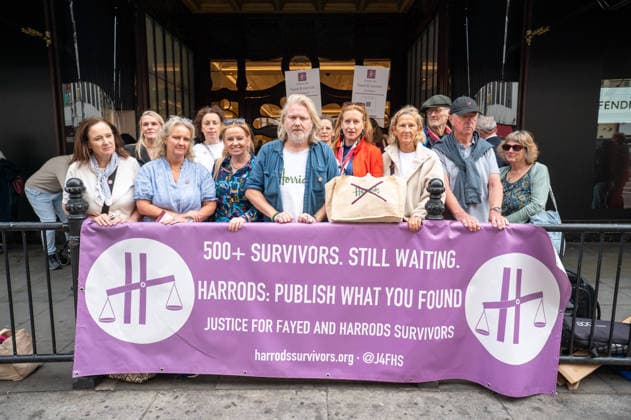 United Kingdom: Survivors protest outside Harrods and call for a public inquiry into the allegations against Mohamed Al Fayed in London
