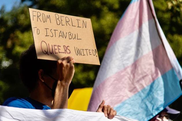 Berlin: Demonstration outside the Turkish Embassy against raids and arrests of LGBTQ activists in Turkey