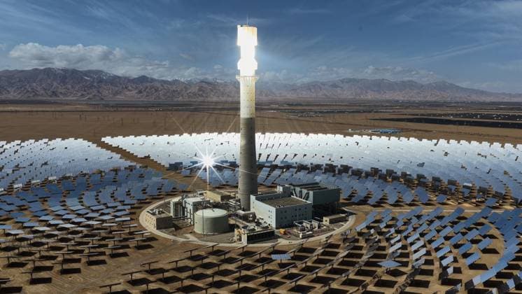 China, Qinghai: a solar tower thermal power station using molten salt is located in the Gobi Desert near Golmud