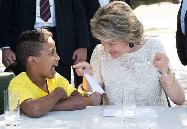 Queen Mathilde of Belgium pictured during a meeting of Belgian royal couple with street children project Amar, partner of Belgian NGO KIYO for children s rights at MAM (Museu of Arte Moderna), in the margin of the presence of the royal couple in Rio, Brazil for the 2016 Olympic Games Olympische Spiele Olympia OS Friday 05 August 2016. BENOITxDOPPAGNE x04903959x