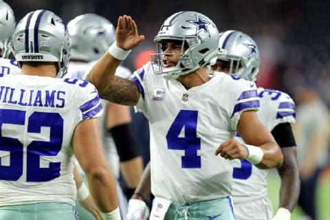 October 7, 2018 - Houston, Texas, U.S - Dallas Cowboys quarterback Dak Prescott (4) taps teammate Connor Williams (52) prior to the NFL American Football Herren USA regular season game between the Houston Texans and the Dallas Cowboys at NRG Stadium in Houston, TX on October 7, 2018 NFL 2018 - Dallas Cowboys vs Houston Texans OCT 07 - ZUMAw137 20181007_zap_w137_021 Copyright: xErikxWilliamsx