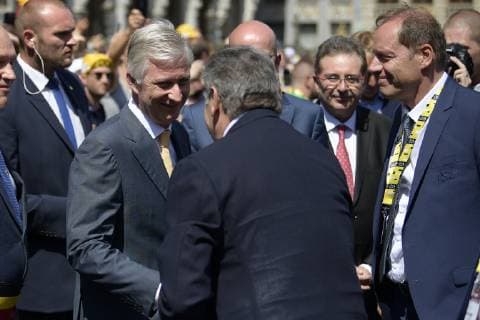 King Philippe - Filip of Belgium pictured at a ceremony on the Grand Place - Grote Markt square in the city centre of Brussels to mark the start of of the 106th edition of the Tour de France cycling race, 194,5km from and to Brussels, Belgium, Saturday 06 July 2019. This year s Tour de France starts in Brussels and takes place from July 6th to July 28th. YORICKxJANSENS x05620668x