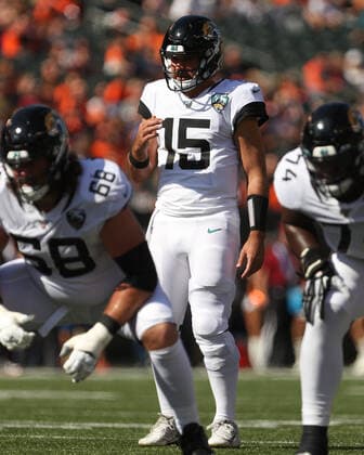 CINCINNATI, OH - OCTOBER 20: Jacksonville Jaguars quarterback Gardner Minshew (15) in action during the game against the Jacksonville Jaguars and the Cincinnati Bengals on October 20th 2019, at Paul Brown Stadium in Cincinnati, OH. (Photo by Ian Johnson Icon Sportswire) NFL, American Football Herren, USA OCT 20 Jaguars at Bengals Icon191020056
