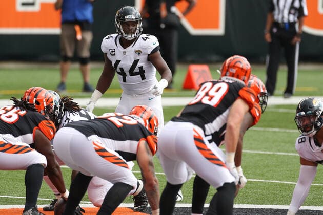 CINCINNATI, OH - OCTOBER 04: Jacksonville Jaguars outside linebacker Myles Jack (44) in action during the game against the Jacksonville Jaguars and the Cincinnati Bengals on October 4, 2020, at Paul Brown Stadium in Cincinnati, OH. (Photo by Ian Johnson Icon Sportswire) NFL, American Football Herren, USA OCT 04 Jaguars at Bengals Icon201004091