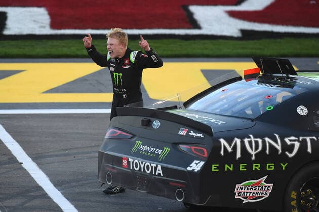LAS VEGAS, NV - MARCH 05: Ty Gibbs ( 54 Joe Gibbs Racing Monster Energy Toyota) celebrates winning the race during the NASCAR, Motorsport, USA Xfinity Series Alsco Uniforms 300 on March 05, 2022, at Las Vegas Motor Speedway in Las Vegas, NV. (Photo by Chris Williams Icon Sportswire) AUTO: MAR 05 NASCAR Xfinity Series - Alsco Uniforms 300 Icon0072203051191