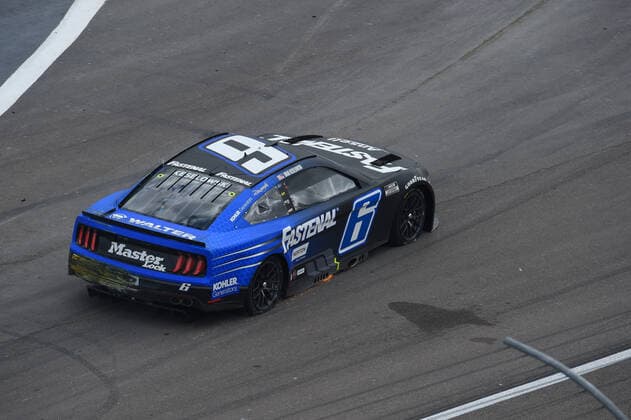 LAS VEGAS, NV - MARCH 06: Brad Keselowski ( 6 RFK Racing Fastenal Ford) spins out coming out of turn four during the Pennzoil 400 presented by Jiffy Lube NASCAR, Motorsport, USA Cup Series race, on March 6, 2022, at Las Vegas Motor Speedway in Las Vegas, NV. (Photo by Chris Williams LVMS Icon Sportswire) AUTO: MAR 06 NASCAR Cup Series - Pennzoil 400 presented by Jiffy Lube Icon007220306056