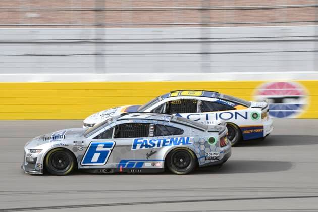 LAS VEGAS, NV - MARCH 05: Brad Keselowski ( 6 RFK Racing Fastenal Ford) and AJ Allmendinger ( 16 Kaulig Racing Action Industries Chevrolet) race down the front stretch during the NASCAR, Motorsport, USA Cup Series Pennzoil 400 presented by Jiffy Lube on March 5, 2023, at Las Vegas Motor Speedway in Las Vegas, Nevada. (Photo by Michael Allio Icon Sportswire) AUTO: MAR 05 NASCAR Cup Series Pennzoil 400 presented by Jiffy Lube Icon116230305011