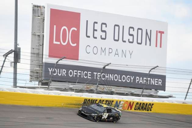 LAS VEGAS, NV - MARCH 04: Ty Gibbs ( 54 Joe Gibbs Racing He Gets us Toyota) drives through turn one during qualifying for the NASCAR, Motorsport, USA Cup Series Pennzoil 400 presented by Jiffy Lube on March 4, 2023, at Las Vegas Motor Speedway in Las Vegas, Nevada. (Photo by Michael Allio Icon Sportswire) AUTO: MAR 04 NASCAR Cup Series Pennzoil 400 presented by Jiffy Lube Icon116230304071