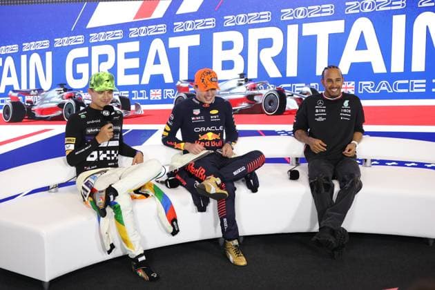 NORRIS Lando (gbr), McLaren F1 Team MCL60, VERSTAPPEN Max (ned), Red Bull Racing RB19, HAMILTON Lewis (gbr), Mercedes AMG F1 Team W14, portrait press conference, PK, Pressekonferenz during the 2023 Formula 1 Aramco British Grand Prix, 10th round of the 2023 Formula One World Championship, WM, Weltmeisterschaft from July 7 to 9, 2023 on the Silverstone Circuit, in Silverstone, United Kingdom Copyright: xAntoninxVincent DPPI IPAxSportx x xIPAxSportx 0 IPA_IPA39138891
