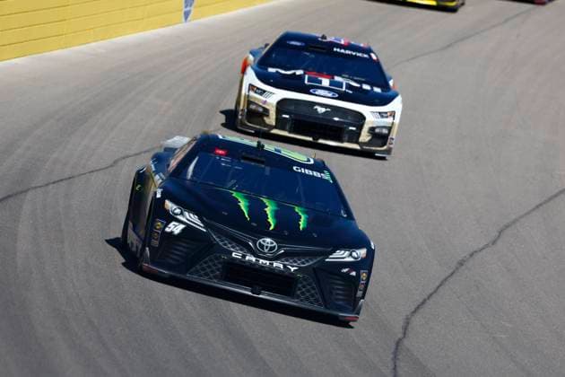 LAS VEGAS, NV - OCTOBER 15: Ty Gibbs ( 54 Joe Gibbs Racing Monster Energy Toyota) during the South Point 400 NASCAR, Motorsport, USA Cup Series Playoff race on October 15, 2023, Las Vegas Motor Speedway in Las Vegas, NV. (Photo by Jeff Speer LVMS Icon Sportswire) AUTO: OCT 15 NASCAR Cup Series Playoff South Point 400 EDITORIAL USE ONLY Icon231015036