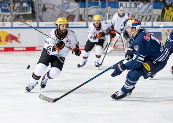 Fight for the puck duel between Cameron Brace Loewen Frankfurt, 86 and Konrad Abeltshauser EHC Red Bull Muenchen, 16 EHC Red Bull Muenchen vs Loewen Frankfurt, Ice Hockey, DEL, Matchday 36, Season 2023 2024, 07 01 2024 EHC Red Bull Muenchen vs Loewen Frankfurt, Ice Hockey, DEL, Matchday 36, Season 2023 2024, 07 01 2024 Muenchen Copyright: xEibner-Pressefoto HeikexFeinerx EP_HFR