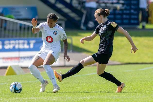 Soccer 2 Womens Bundesliga, Season 2023 2024, Matchday 24, SG 99 Andernach 1 FFC Turbine Potsdam on 12 05 2024 at the Andernach Stadium in Andernach duel between Adrienne Jordan 1 FFC Turbine Potsdam, 15 and Vanessa Zilligen SG 99 Andernach, 15 Important note According to the regulations of the DFL German Football League and the DFB German Football Association, it is prohibited to use or have used photographs taken in the stadium and or of the game in the form of sequential images and or video-like photo series Foto Kirchner Media TH Copyright: xKirchner-Media THx
