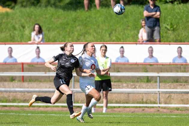 Soccer 2 Womens Bundesliga, Season 2023 2024, Matchday 24, SG 99 Andernach 1 FFC Turbine Potsdam on 12 05 2024 at the Andernach Stadium in Andernach duel between Vanessa Zilligen SG 99 Andernach, 15 and Viktoria Schwalm 1 FFC Turbine Potsdam, 17 Important note In accordance with the regulations of the DFL German Football League and the DFB German Football Association, it is prohibited to use or have used photographs taken in the stadium and or of the game in the form of sequential images and or video-like photo series Foto Kirchner Media TH Copyright: xKirchner-Media THx