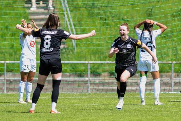 Soccer 2 Womens Bundesliga, Season 2023 2024, Matchday 24, SG 99 Andernach 1 FFC Turbine Potsdam on 12 05 2024 at Andernach Stadium in Andernach While Leonie Stoehr SG 99 Andernach, 09 jubilantly runs towards Maren Weingarz SG 99 Andernach, 08, Adrienne Jordan 1 FFC Turbine Potsdam, 15 and Maya Hahn 1 FFC Turbine Potsdam, 16 cant believe it Important note According to the regulations of the DFL German Football League and the DFB German Football Association, it is prohibited to use or have used photographs taken in the stadium or of the match in the form of sequential images or video-like photo series Foto Kirchner Media TH Copyright: xKirchner-Media THx