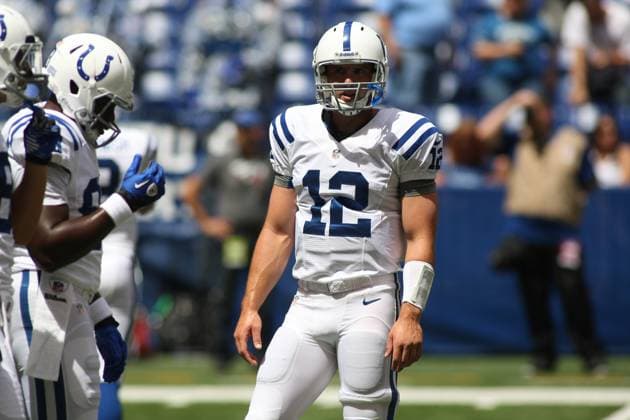 NFL, American Football Herren, USA 2012: Rams vs Colts AUG 12 August 12, 2012: Indianapolis Colts quarterback Andrew Luck (12) warms up before an NFL game between the St. Louis Rams and the Indianapolis Colts at Lucas Oil Stadium in Indianapolis, IN.(Credit Image: Pat Lovell Cal Media) Indianapolis Indiana United States EDITORIAL USE ONLY Copyright: xx ZUMA-20120812_zaf_c04_024.jpg PatxLovellx csmphoto628205