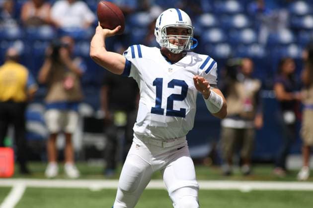 NFL, American Football Herren, USA 2012: Rams vs Colts AUG 12 August 12, 2012: Indianapolis Colts quarterback Andrew Luck (12) warms up before an NFL game between the St. Louis Rams and the Indianapolis Colts at Lucas Oil Stadium in Indianapolis, IN.(Credit Image: Pat Lovell Cal Media) Indianapolis Indiana United States EDITORIAL USE ONLY Copyright: xx ZUMA-20120812_zaf_c04_034.jpg PatxLovellx csmphoto628209