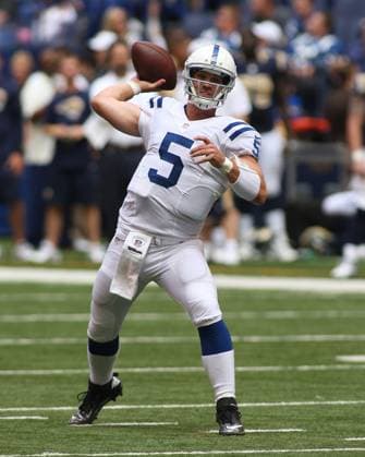 NFL, American Football Herren, USA 2012: Rams vs Colts AUG 12 August 12, 2012: Indianapolis Colts quarterback Drew Stanton (5) drops back to throw the ball during an NFL game between the St. Louis Rams and the Indianapolis Colts at Lucas Oil Stadium in Indianapolis, IN. The Colts defeated the Rams by a score of 38-3(Credit Image: Pat Lovell Cal Media) Indianapolis Indiana United States EDITORIAL USE ONLY Copyright: xx ZUMA-20120812_zaf_c04_099.jpg PatxLovellx csmphoto628277