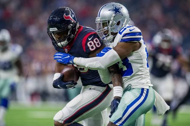 NFL, American Football Herren, USA 2018: Cowboys vs Texans AUG 30 August 30, 2018: Houston Texans tight end Jordan Akins (88) gets wrapped up by Dallas Cowboys defensive back Tyree Robinson (23) during the 1st quarter of a preseason NFL football game between the Houston Texans and the Dallas Cowboys at NRG Stadium in Houston, TX. ..Trask Smith CSM Houston TX U.S. EDITORIAL USE ONLY Copyright: xx ZUMA-20180830_zaf_c04_071.jpg TraskxSmithx csmphototwo422619