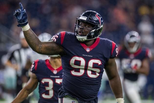 NFL, American Football Herren, USA 2018: Cowboys vs Texans AUG 30 August 30, 2018: Houston Texans nose tackle Darius Kilgo (96) celebrates after making a stop during the 4th quarter of a preseason NFL football game between the Houston Texans and the Dallas Cowboys at NRG Stadium in Houston, TX. The Texans won the game 14 to 6...Trask Smith CSM Houston TX U.S. EDITORIAL USE ONLY Copyright: xx ZUMA-20180830_zaf_c04_115.jpg TraskxSmithx csmphototwo422677