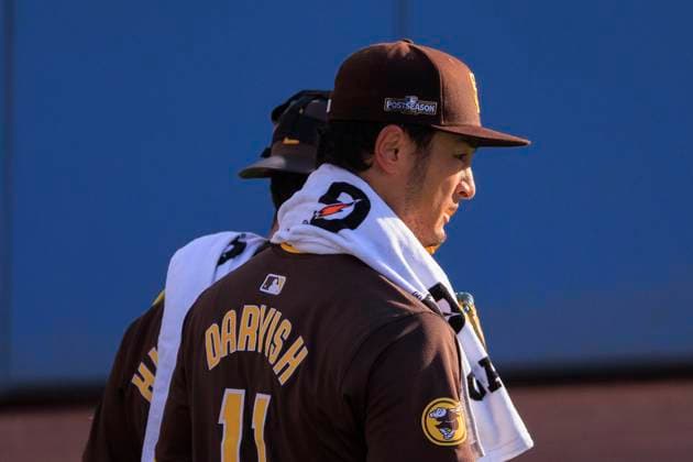 October 6, 2024, Los Angeles, California, USA: Starting pitcher, Yu Darvish 11 of the San Diego Padres enters the field to start the NLDS Game 2 against the Los Angeles Dodgers on Sunday October 6, 2024 at Dodger Stadium in Los Angeles, California. Dodgers lose to Padres, 2-10 in Game 2 of the NLDS. JAVIER ROJAS PI Los Angeles USA - ZUMAp124 20241006_zaa_p124_064 Copyright: xJavierxRojasx