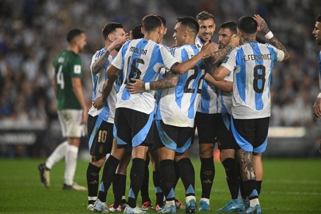 BUENOS AIRES, ARGENTINA - OCTOBER 15: Enzo Fernandez, Lautaro Martinez, Nahuel Molina of Argentina goal during the FIFA World Cup, WM, Weltmeisterschaft, Fussball 2026 South American Qualifier match between Argentina and Bolivia at Estadio Mas Monumental Antonio Vespucio Liberti on October 15, 2024 in Buenos Aires, Argentina. Photo by D.Halisz SFSI Argentina v Bolivia - FIFA World Cup 2026 Qualifier Copyright: xDiegoxHalisz SFSIx