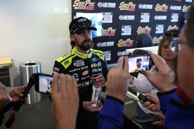 LAS VEGAS, NV - OCTOBER 19: Ryan Blaney ( 12 Team Penske Menards Great Stuff Ford) answers questions from members of the media during a media bullpen before practice and qualifying for the South Point 400 NASCAR, Motorsport, USA Cup Series playoff race on October 19, 2024, at Las Vegas Motor Speedway in Las Vegas, NV. (Photo by Marc Sanchez LVMS Icon Sportswire) AUTO: OCT 19 NASCAR Cup Series South Point 400 EDITORIAL USE ONLY Icon144241019030