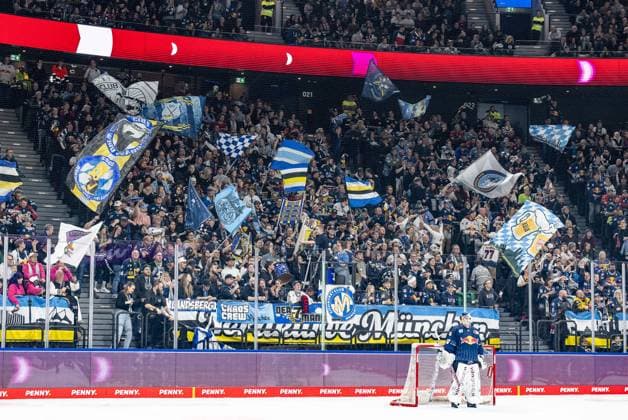 The Munich fans in the North Curve behind Christopher Kolarz Goalkeeper, EHC Red Bull Muenchen, 67 cheer the goal for 3 2 GER, EHC Red Bull Muenchen vs Loewen Frankfurt, Ice Hockey, DEL, Matchday 34, Season 2024 2025, 06 01 2025 GER, EHC Red Bull Muenchen vs Loewen Frankfurt, Ice Hockey, DEL, Matchday 34, Season 2024 2025, 06 01 2025 Muenchen Copyright: xEibner-Pressefoto HeikexFeinerx EP_HFR