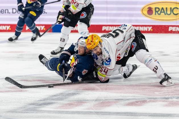 Fight for the puck duel between Patrick Hager EHC Red Bull Muenchen, 52 and Felix Scheel Fischtown Pinguins Bremerhaven, 54 GER, EHC Red Bull Muenchen vs Fischtown Pinguins Bremerhaven, Ice Hockey, DEL, Matchday 42, Season 2024 2025, 31 01 2025 GER, EHC Red Bull Muenchen vs Fischtown Pinguins Bremerhaven, Ice Hockey, DEL, Matchday 42, Season 2024 2025, 31 01 2025 Muenchen Copyright: xEibner-Pressefoto HeikexFeinerx EP_HFR