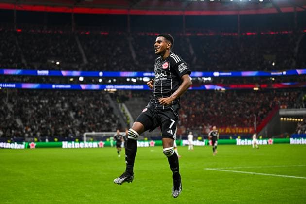 Ansgar Knauff Eintracht Frankfurt, 07 celebrates the goal for 5 1, GER, Eintracht Frankfurt vs Galatasaray Istanbul, Football, UEFA Champions League, League phase, Matchday 1, Matchday 2025 2026, 18 09 2025 GER, Eintracht Frankfurt vs Galatasaray Istanbul, Football, UEFA Champions League, League phase, Matchday 1, Matchday 2025 2026, 18 09 2025 Frankfurt am Main Copyright: xEibner-Pressefoto FlorianxWiegandx EP_FWD