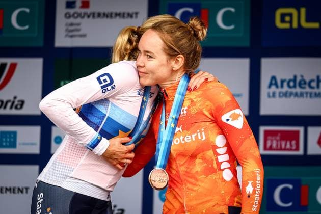 Netherlands Demi Vollering and Netherlands Anna Van Der Breggen pictured on the podium after the 116,1 km road race of the Women Elite category at the UEC road European cycling championships, Saturday 04 October 2025, in Loriol-sur-Drome, France. The European cycling championships Drome-Ardeche takes place from 1 to 5 October. DAVIDxPINTENS x136066145x