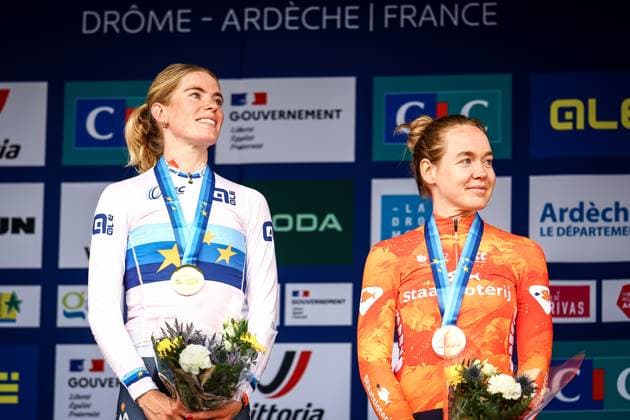 Netherlands Demi Vollering and Netherlands Anna Van Der Breggen pictured on the podium after the 116,1 km road race of the Women Elite category at the UEC road European cycling championships, Saturday 04 October 2025, in Loriol-sur-Drome, France. The European cycling championships Drome-Ardeche takes place from 1 to 5 October. DAVIDxPINTENS x136066426x