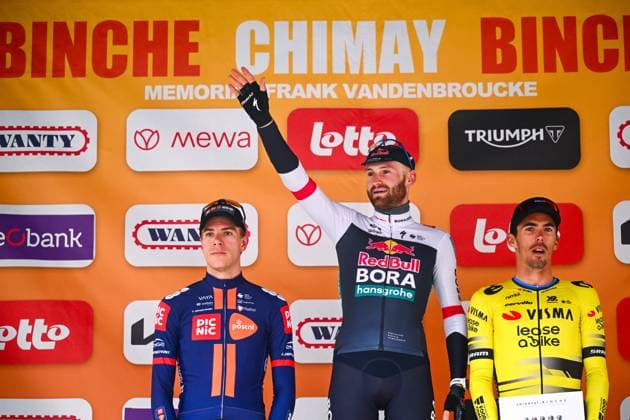 Binche Chimay Binche 2025 Cycling Race BINCHE, BELGIUM - OCTOBER 07 : Meeus Jordi (BEL) of Red Bull BORA - Hansgrohe, Eekhoff Nils Out (NED) of Team Picnic PostNL and Laporte Christophe (BEL) of Team Visma - Lease a Bike on the podium during the 37th edition of Binche Chimay Binche an UCI Class 1.1 one day cycling road race for Men Elite of 203.2 km with start in Binche and finish in Binche on October 7, 2025 in Binche, Belgium, 07 10 2025 ( Motordriver Stephan Boone - Binche Belgium Copyright: xGvgx