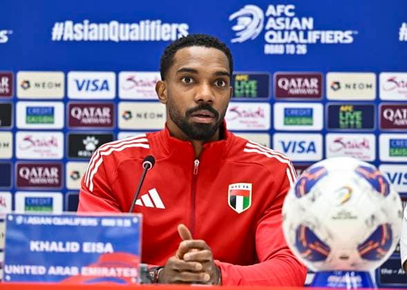press conference, PK, Pressekonferenz TEAM UNITED ARAB EMIRATES -2026 FIFA World Cup, WM, Weltmeisterschaft, Fussball ASIAN QUALIFIER PLAYOFFS Khalid Eisa of United Arab Emirates attends a press conference ahead of the FIFA World Cup 2026 AFC Asian qualifiers playoffs group A match between United Arab Emirates and Oman at Jassim Bin Hamad Stadium in Doha, Qatar, on October 10, 2025. DOHA Qatar Copyright: xNOUSHADx