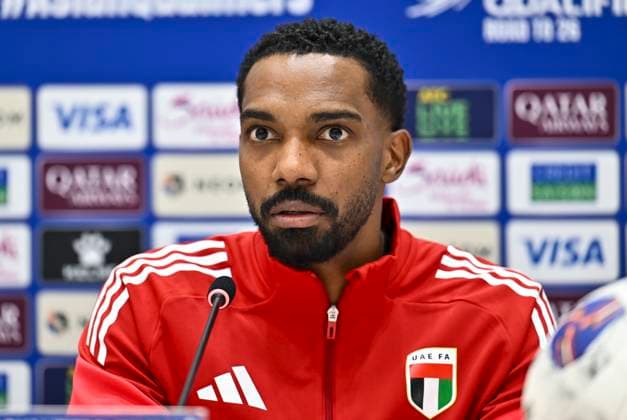 press conference, PK, Pressekonferenz TEAM UNITED ARAB EMIRATES -2026 FIFA World Cup, WM, Weltmeisterschaft, Fussball ASIAN QUALIFIER PLAYOFFS Khalid Eisa of United Arab Emirates attends a press conference ahead of the FIFA World Cup 2026 AFC Asian qualifiers playoffs group A match between United Arab Emirates and Oman at Jassim Bin Hamad Stadium in Doha, Qatar, on October 10, 2025. DOHA Qatar Copyright: xNOUSHADx