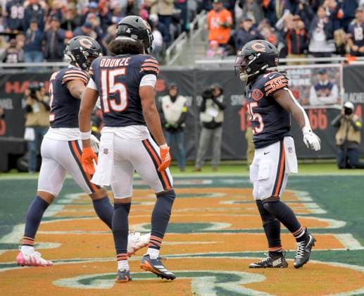 Chicago Bears running back Kyle Monangai (25) celebrates his second quarter touchdown against the New Orleans Saints at Soldier Field in Chicago on Sunday, October 19, 2025.  CHI20251019105 MARKxBLACK