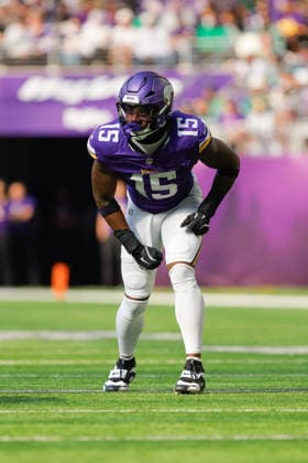MINNEAPOLIS, MN - OCTOBER 19: Minnesota Vikings linebacker Dallas Turner (15) lines up for a play during the first half of NFL, American Football Herren, USA game between the Minnesota Vikings and Philadelphia Eagles on October 19th, 2025, at U.S. Bank Stadium in Minneapolis, MN. (Photo by Bailey Hillesheim Icon Sportswire) NFL: OCT 19 Eagles at Vikings EDITORIAL USE ONLY Icon251019239