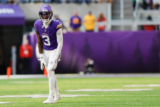 MINNEAPOLIS, MN - OCTOBER 19: Minnesota Vikings wide receiver Jordan Addison (3) lines up for a play during the second half of NFL, American Football Herren, USA game between the Minnesota Vikings and Philadelphia Eagles on October 19th, 2025, at U.S. Bank Stadium in Minneapolis, MN. (Photo by Bailey Hillesheim Icon Sportswire) NFL: OCT 19 Eagles at Vikings EDITORIAL USE ONLY Icon251019249
