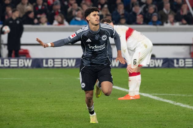 Ayoube Amaimouni Echghouyab Eintracht Frankfurt celebrate the goal during the 1 Bundesliga Matchday 17 match between VFB Stuttgart and Eintracht Frankfurt at MHP Arena in Stuttgart, Germany on January 13, 2026 DFL DFB REGULATIONS PROHIBIT ANY USE OF PHOTOGRAPHS as IMAGE SEQUENCES and or QUASI VIDEO Copyright: JoaquimxFerreira