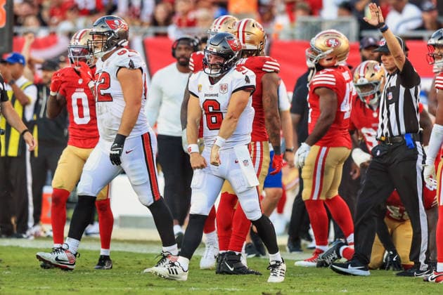TAMPA, FL - OCTOBER 12: Tampa Bay Buccaneers Quarterback Baker Mayfield (6) celebrates along the sidelines after a first down scramble during the Regular Season game between the San Francisco 49ers and the Tampa Bay Buccaneers on October 12, 2025 at Raymond James Stadium in Tampa, Florida. (Photo by Cliff Welch Icon Sportswire) NFL, American Football Herren, USA OCT 12 49ers at Buccaneers EDITORIAL USE ONLY Icon357251012010