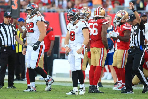 TAMPA, FL - OCTOBER 12: Tampa Bay Buccaneers Quarterback Baker Mayfield (6) celebrates along the sidelines after a first down scramble during the Regular Season game between the San Francisco 49ers and the Tampa Bay Buccaneers on October 12, 2025 at Raymond James Stadium in Tampa, Florida. (Photo by Cliff Welch Icon Sportswire) NFL, American Football Herren, USA OCT 12 49ers at Buccaneers EDITORIAL USE ONLY Icon357251012012