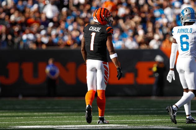 CINCINNATI, OH - OCTOBER 05: Cincinnati Bengals wide receiver Ja Marr Chase (1) during the game against the Detroit Lions and the Cincinnati Bengals on October 5, 2025, at Paycor Stadium in Cincinnati, OH. (Photo by Ian Johnson Icon Sportswire) NFL, American Football Herren, USA OCT 05 Lions at Bengals EDITORIAL USE ONLY Icon251005122