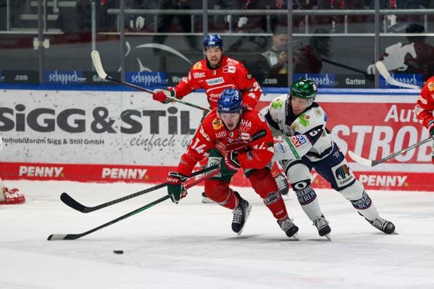 in duel, action, with D J Busdeker 14 Augsburger Panther , Frederik Tiffels 95 Eisbaeren Berlin , Augsburger Panther vs Eisbaeren Berlin, 44 Matchday, Ice Hockey, Penny DEL, 27 01 2026 Augsburg Bayern Germany Copyright: xkolbert-press ChristianxKolbertx