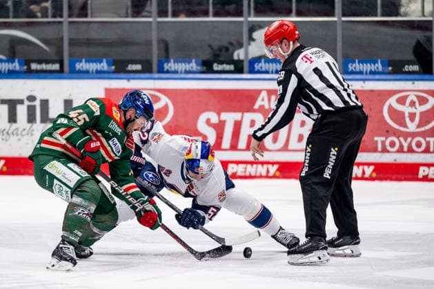 Linesperson Jonas Reinold executes a faceoff between Jason Bast Augsburger Panther, 45 and Patrick Hager EHC Red Bull Muenchen, 52 GER, Augsburger Panther vs EHC Red Bull Muenchen, Ice Hockey, DEL, Matchday 46, Season 2025 2026, 27 02 2026 GER, Augsburger Panther vs EHC Red Bull Muenchen, Ice Hockey, DEL, Matchday 46, Season 2025 2026, 27 02 2026 Augsburg Copyright: xEibner-Pressefoto HeikexFeinerx EP_HFR