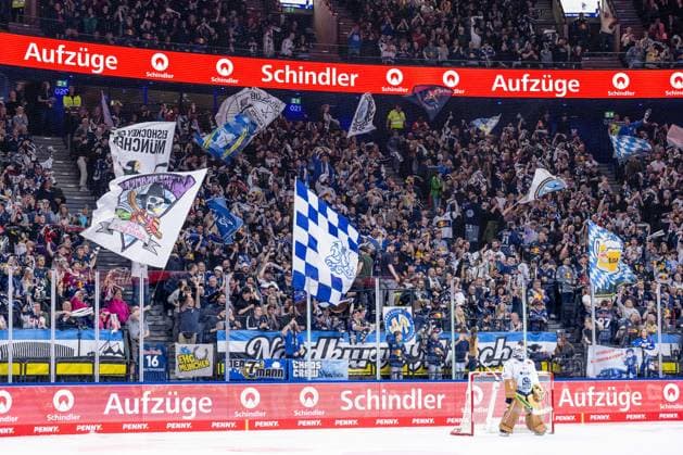 The Munich fans in the north curve behind Florian Bugl Goalkeeper, Straubing Tigers, 1 cheer the goal for 8 1 GER, EHC Red Bull Muenchen vs Straubing Tigers, Ice Hockey, DEL, 51 Matchday, Season 2025 2026, 13 03 2026 GER, EHC Red Bull Muenchen vs Straubing Tigers, Ice Hockey, DEL, 51 Matchday, Season 2025 2026, 13 03 2026 Muenchen Copyright: xEibner-Pressefoto FranzxFeinerx EP_HFR