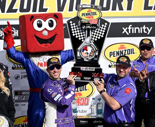 LAS VEGAS, NV - MARCH 15: Denny Hamlin ( 11 Joe Gibbs Racing Yahoo! Toyota) celebrates in victory lane after winning the NASCAR, Motorsport, USA Cup Series Pennzoil 400 on March 15, 2026, at Las Vegas Motor Speedway in Las Vegas, NV. (Photo by Will Lester Icon Sportswire) AUTO: MAR 15 NASCAR Cup Series Pennzoil 400 EDITORIAL USE ONLY Icon24031516010