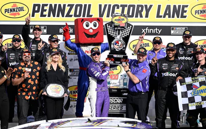 LAS VEGAS, NV - MARCH 15: Denny Hamlin ( 11 Joe Gibbs Racing Yahoo! Toyota) celebrates in victory lane after winning the NASCAR, Motorsport, USA Cup Series Pennzoil 400 on March 15, 2026, at Las Vegas Motor Speedway in Las Vegas, NV. (Photo by Will Lester Icon Sportswire) AUTO: MAR 15 NASCAR Cup Series Pennzoil 400 EDITORIAL USE ONLY Icon24031516028