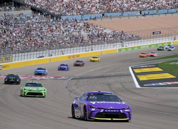 LAS VEGAS, NV - MARCH 15: Denny Hamlin ( 11 Joe Gibbs Racing Yahoo! Toyota) leads Christopher Bell ( 20 Joe Gibbs Racing Interstate Batteries Toyota) during the early laps of the NASCAR, Motorsport, USA Cup Series Pennzoil 400 on March 15, 2026, at Las Vegas Motor Speedway in Las Vegas, NV. (Photo by Will Lester Icon Sportswire) AUTO: MAR 15 NASCAR Cup Series Pennzoil 400 EDITORIAL USE ONLY Icon24031511413