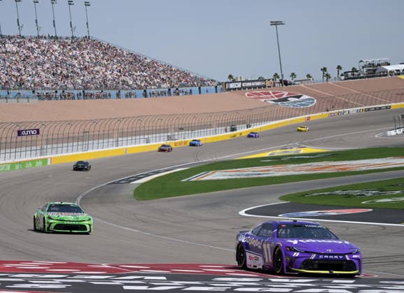LAS VEGAS, NV - MARCH 15: Denny Hamlin ( 11 Joe Gibbs Racing Yahoo! Toyota) leads Christopher Bell ( 20 Joe Gibbs Racing Interstate Batteries Toyota) during the early laps of the NASCAR, Motorsport, USA Cup Series Pennzoil 400 on March 15, 2026, at Las Vegas Motor Speedway in Las Vegas, NV. (Photo by Will Lester Icon Sportswire) AUTO: MAR 15 NASCAR Cup Series Pennzoil 400 EDITORIAL USE ONLY Icon24031511851